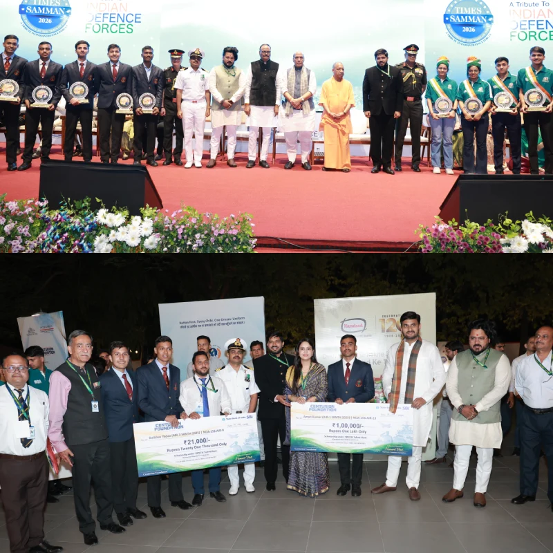 Hon'ble Rajnath Singh and CM Yogi Adityanath, Shishir Dixit Sir, Hemant Dixit Sir, with SRNTH 1.0 and UPSC NDA toppers at Times Samman 2026, alongside Gen. Sabbarwal, Gurkirat Mam, and faculty.